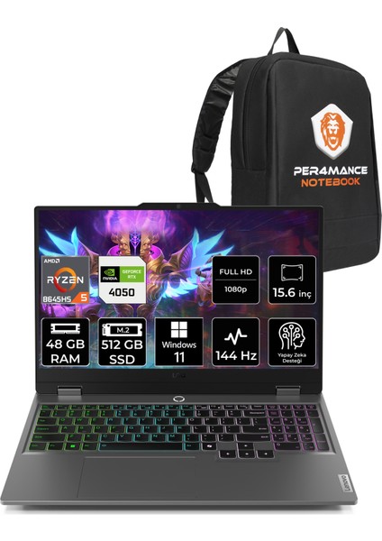 Loq Aı Amd Ryzen 5 8645HS 48GB 512GB SSD RTX4050/6GB 105W 15.6" Fhd 144Hz W11P Taşınabilir Bilgisayar & Per4 Çanta 83DX008DTRP407