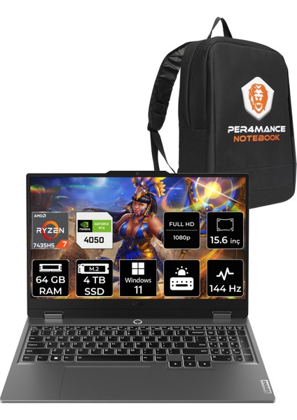 Loq Amd Ryzen 7 7435HS 64GB 4tb SSD RTX4050/6GB 105W 15.6" Fhd 144Hz W11H Taşınabilir Bilgisayar & Per4 Çanta 83JC006ATRP375