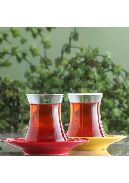 Lal Renkli Tabaklı 12'li Çay Seti