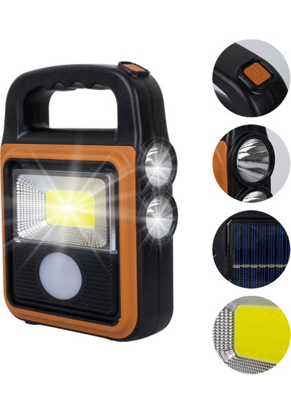 Cob Ledli Solarlı 4 Kademeli USB Powerbank Çıkışlı Şarjlı Işıldak Fener (4886)