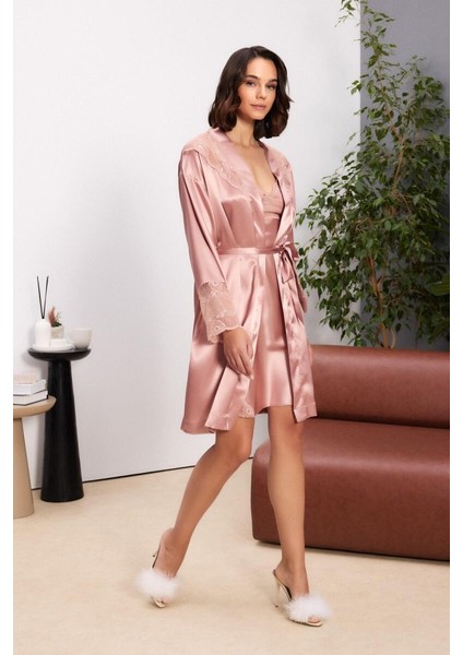 Brandy Saten Dantelli Kadın Gecelik Sabahlık Takımı 4510