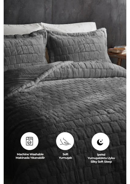 Çift (Taraflı) Kişilik Kürk Yorgan Uyku Seti Yumuşak Dolgulu Wellsoft Peluş 3 Parça Benita