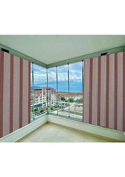 Balkon Perdesi Kahverengi Ince Çizgili Bağcıklı 725X250