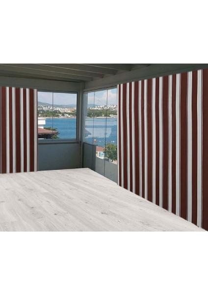 Balkon Perdesi Kahverengi Kalın Çizgili Bağcıklı 725X250