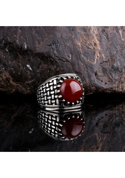 Akik Taşlı Örgü Model 925 Ayar Gümüş Erkek Yüzük