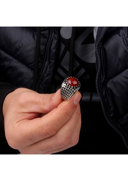 Akik Taşlı Örgü Model 925 Ayar Gümüş Erkek Yüzük fırsatları