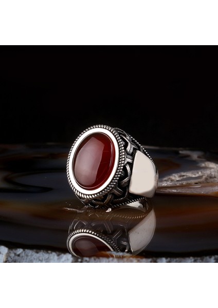 Kırmızı Akik Taşlı Oval Model 925 Ayar Gümüş Erkek Yüzük fiyatları