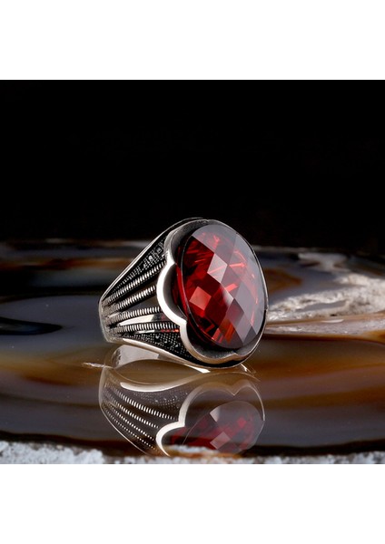 Faset Kesim Kırmızı Zirkon Taşlı 925 Ayar Gümüş Erkek Yüzük