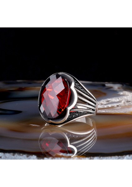 Faset Kesim Kırmızı Zirkon Taşlı 925 Ayar Gümüş Erkek Yüzük fiyatları