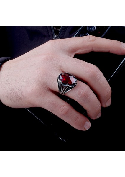 Faset Kesim Kırmızı Zirkon Taşlı 925 Ayar Gümüş Erkek Yüzük modelleri