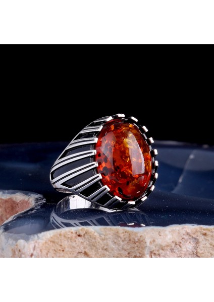 Sentetik Kehribar Taşlı 925 Ayar Gümüş Erkek Yüzük