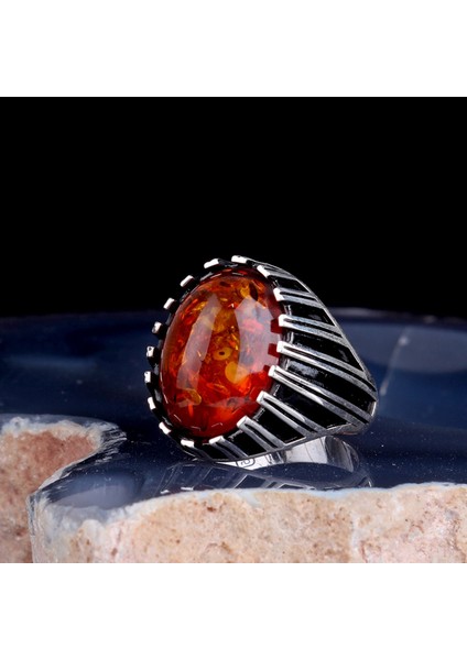 Sentetik Kehribar Taşlı 925 Ayar Gümüş Erkek Yüzük fiyatları