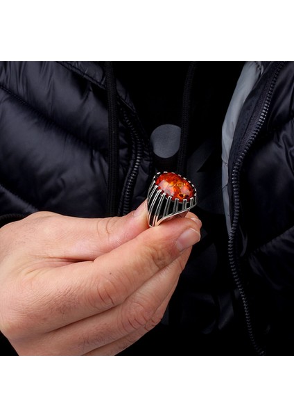 Sentetik Kehribar Taşlı 925 Ayar Gümüş Erkek Yüzük modelleri