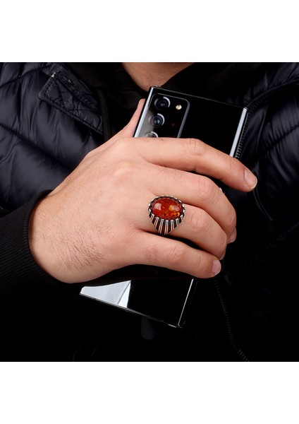 Sentetik Kehribar Taşlı 925 Ayar Gümüş Erkek Yüzük fırsatları