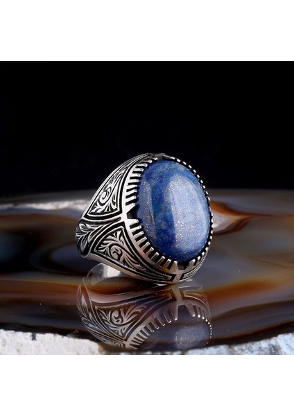 Lapis Taşlı Kalem Işleme Desenli 925 Ayar Gümüş Erkek Yüzük