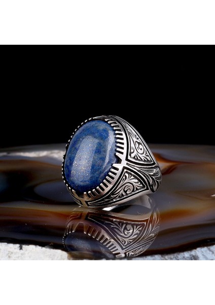 Lapis Taşlı Kalem Işleme Desenli 925 Ayar Gümüş Erkek Yüzük fiyatları