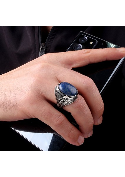 Lapis Taşlı Kalem Işleme Desenli 925 Ayar Gümüş Erkek Yüzük modelleri
