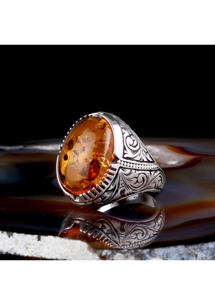 Sentetk Kehribar Taşlı Kalem Işleme Desenli 925 Ayar Gümüş Erkek Yüzük fiyatları