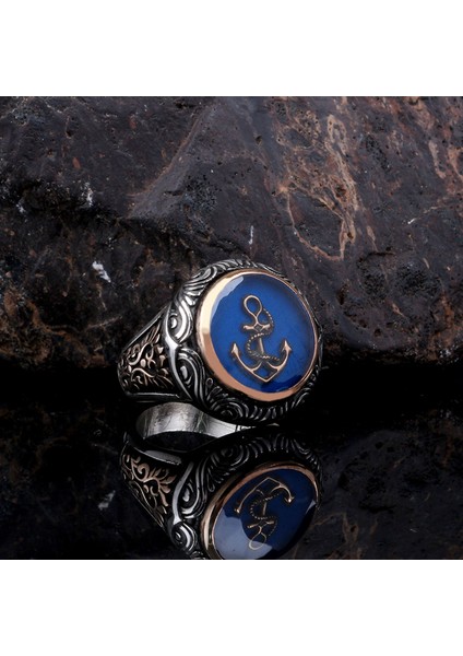 Mavi Mineli Deniz Çapası Model 925 Ayar Gümüş Erkek Yüzük