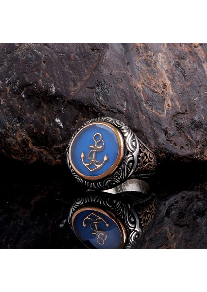 Mavi Mineli Deniz Çapası Model 925 Ayar Gümüş Erkek Yüzük fiyatları