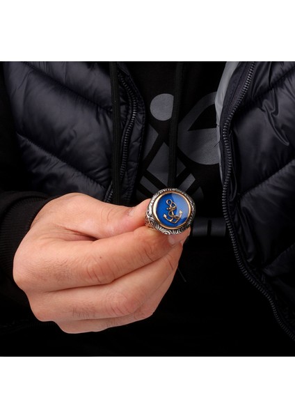 Mavi Mineli Deniz Çapası Model 925 Ayar Gümüş Erkek Yüzük modelleri