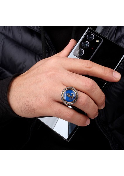 Mavi Mineli Deniz Çapası Model 925 Ayar Gümüş Erkek Yüzük fırsatları