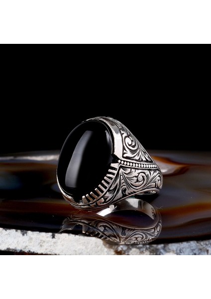 Onix Taşlı Kalem Işleme Desenli 925 Ayar Gümüş Erkek Yüzük fiyatları