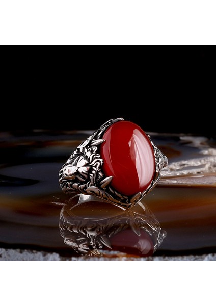 Kırmızı Akik Taşlı Aslan Model 925 Ayar Gümüş Erkek Yüzük fiyatları