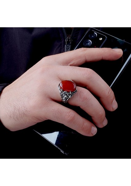 Kırmızı Akik Taşlı Aslan Model 925 Ayar Gümüş Erkek Yüzük fırsatları