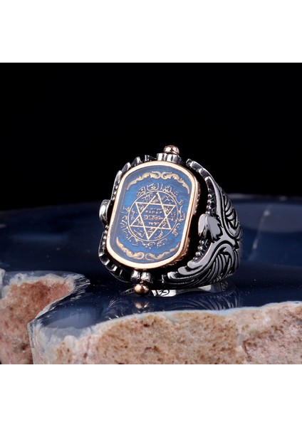 Çift Taraflı Hz Süleyman Mührü Onix Taşlı 925 Ayar Gümüş Yüzük
