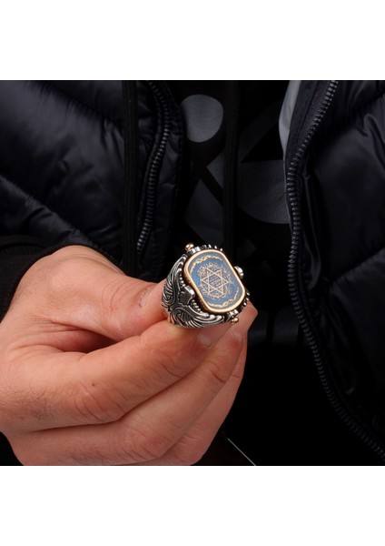 Çift Taraflı Hz Süleyman Mührü Onix Taşlı 925 Ayar Gümüş Yüzük modelleri