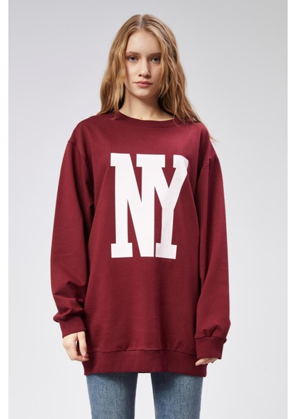 Fancy Kadın Bisiklet Yaka Ny Baskılı Regular Sweatshirt Bordo