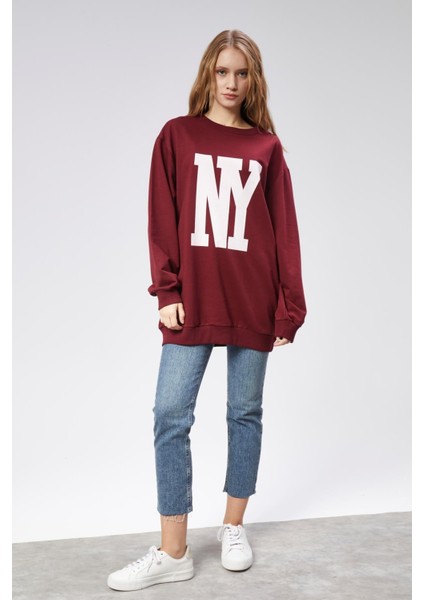 Fancy Kadın Bisiklet Yaka Ny Baskılı Regular Sweatshirt Bordo