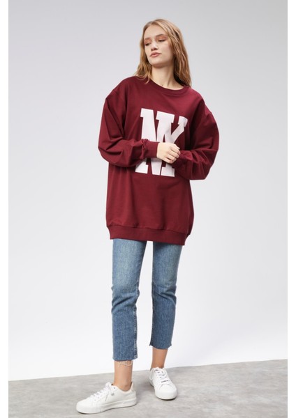 Fancy Kadın Bisiklet Yaka Ny Baskılı Regular Sweatshirt Bordo