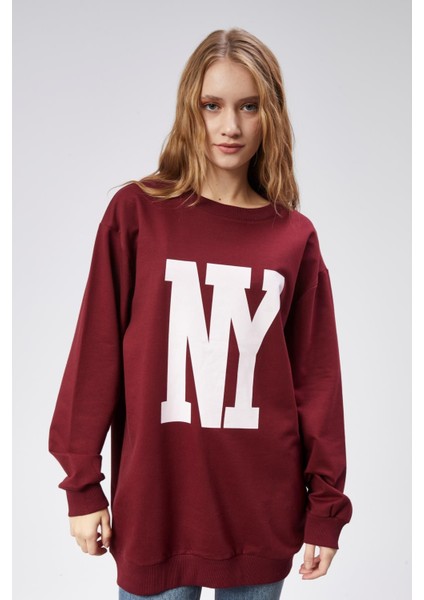 Fancy Kadın Bisiklet Yaka Ny Baskılı Regular Sweatshirt Bordo