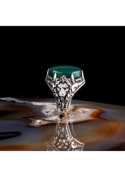 Yeşil Akik Taşlı Aslan Model 925 Ayar Gümüş Erkek Yüzük
