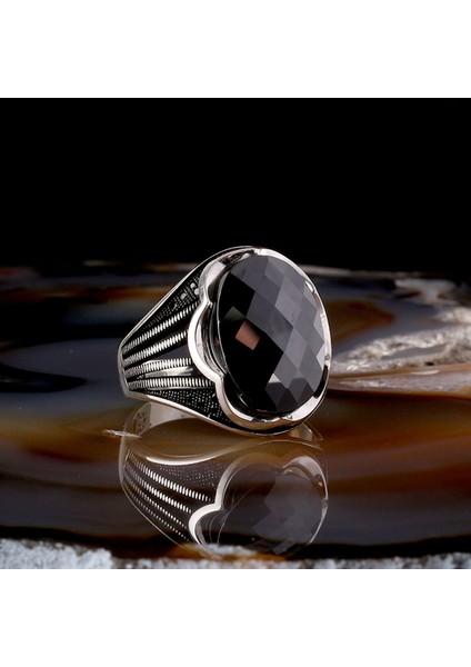 Faset Kesim Siyah Zirkon Taşlı 925 Ayar Gümüş Erkek Yüzük