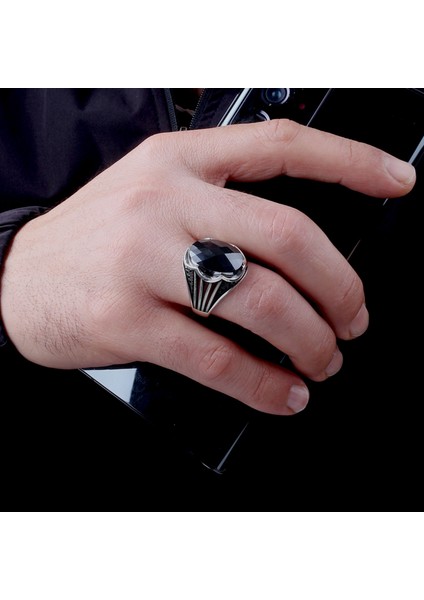 Faset Kesim Siyah Zirkon Taşlı 925 Ayar Gümüş Erkek Yüzük modelleri