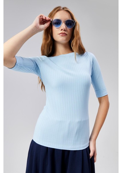 Fancy Kadın Kayık Yaka Slim Üst Mavi