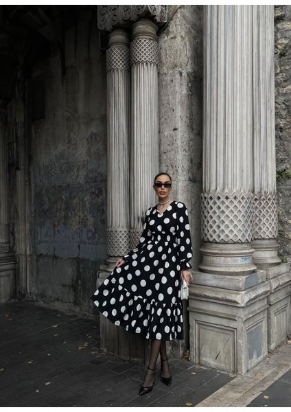 Kadın Uzun Kollu V Yakalı Beli Lastikli Puantiyeli Uzun Krep Elbise fırsatları