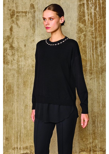 UW251010 Unıque Yakası Taşlı Kumaş Garnili Triko