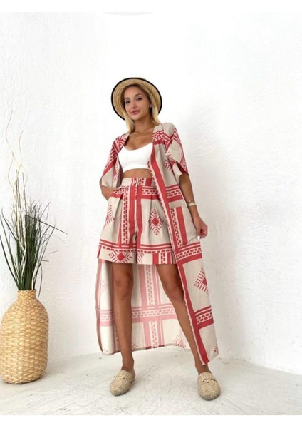 Kadın Keten Şortlu Kimino Takım modelleri