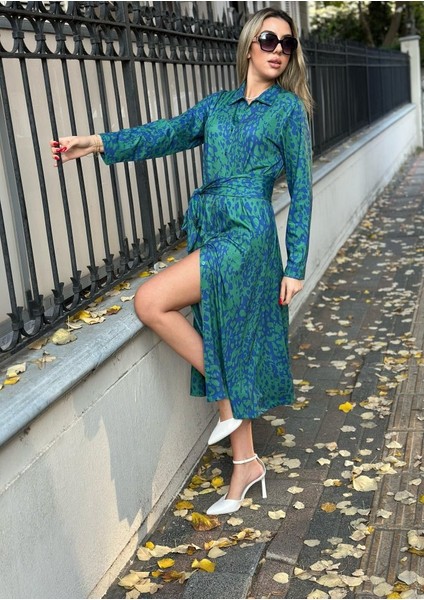 Kadın Uzun Kollu Yakalı Önden Düğmeli Beli Kuşaklı Uzun Süprem Elbise indirimleri