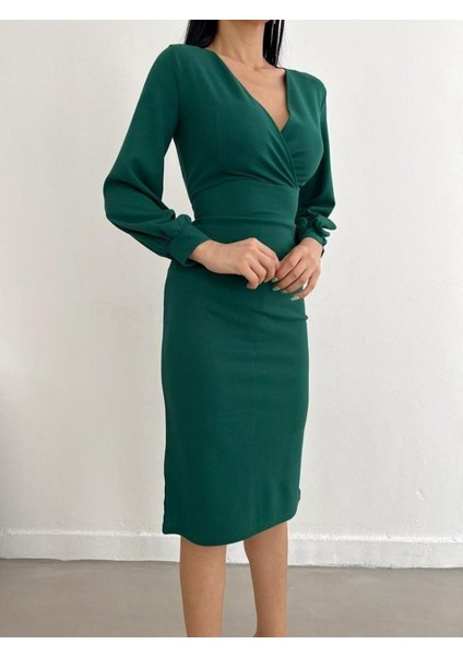 Kadın Kruvaze Yaka Balon Kol Midi Boy Elbise fiyatları