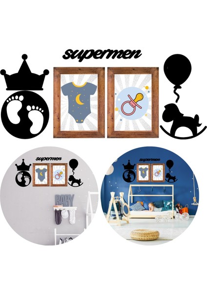 DECO103 Supermen Dekoratif Duvar Süsü Tablo Aksesuar Ahşap Tasarım Hediye Pano Sticker Seti (4886)