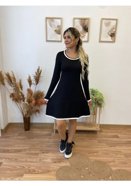 Kadın Uzun Kollu Derin Yuvarlak Yakalı Kısa Viskon Iki Iplik Elbise
