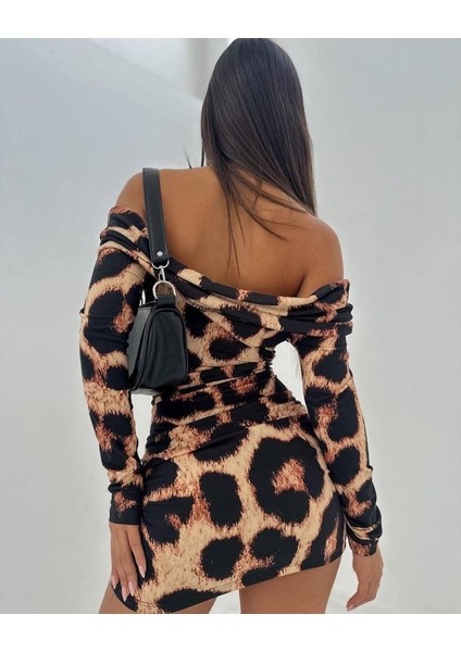 Kadın Madonna Mendil Yaka Leopar Desen Mini Elbise fiyatları