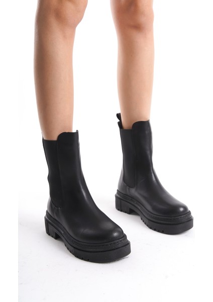 Kadın Praga Siyah Cilt Yandan Lastikli Kalın Taban Günlük Bot & Bootie modelleri