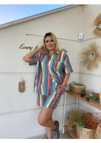 Renkli Çizgili Şort Gömlek Takım modelleri