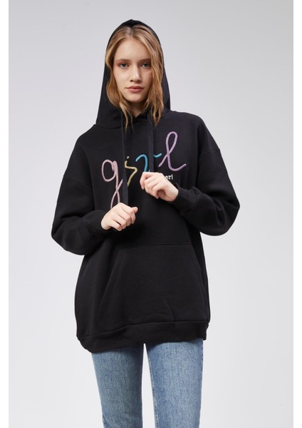 Fancy Kadın Kapüşonlu Yazı Nakışlı Kanguru Yumuşacık Içi Pamuklu Oversize Siyah Sweatshirt